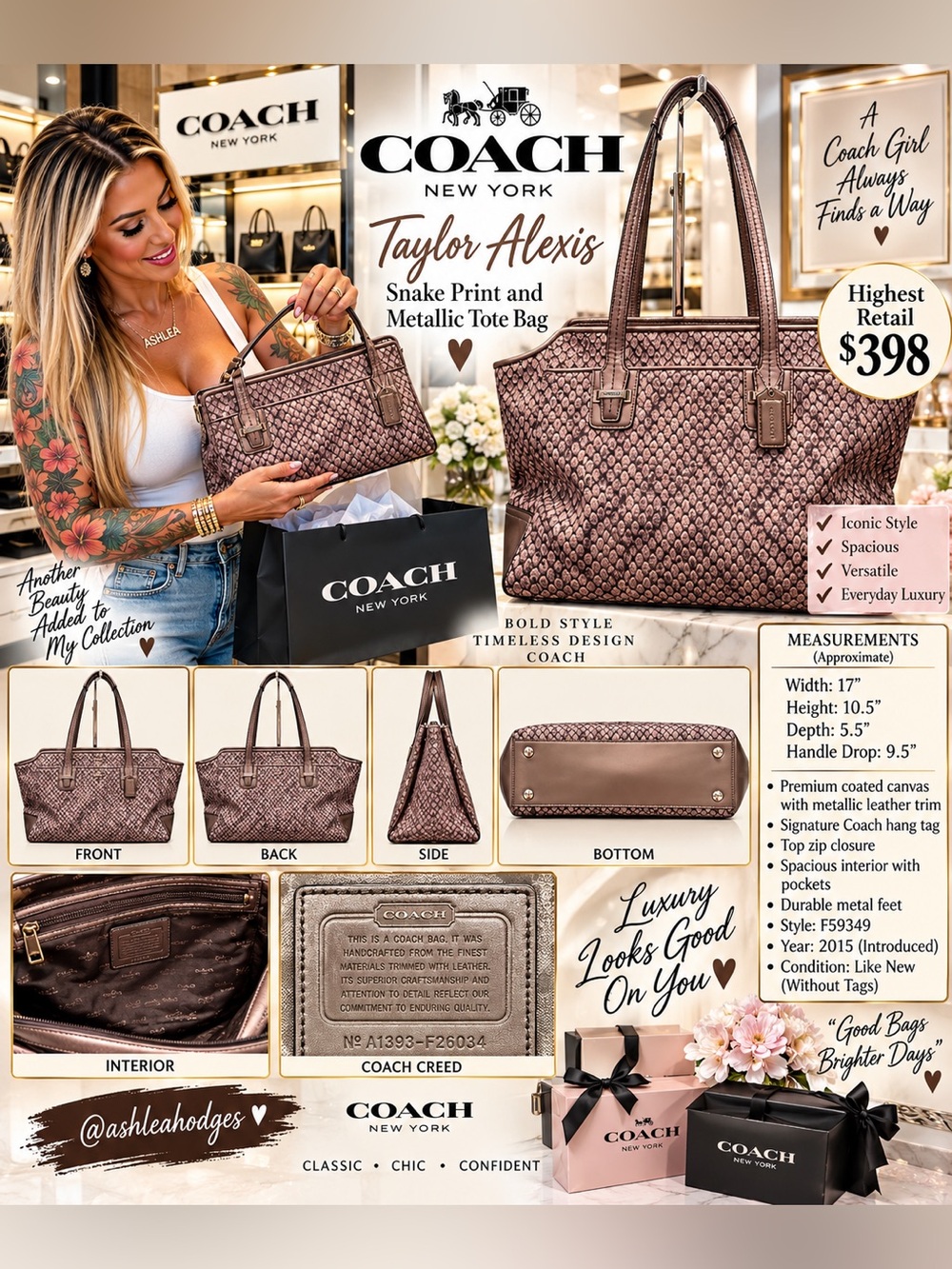 Coach Taylor Alexis Metallic Snake-Print Tote in Rose Gold